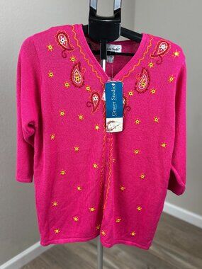 Vintage Graver Studio Pink Embroidered Paisley Ramie Cotton Cardigan Sweater M N